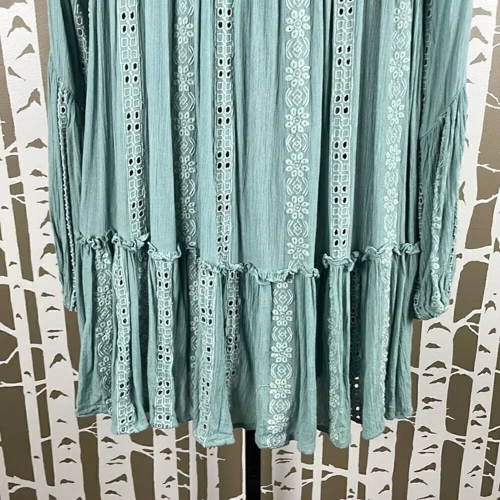 Free People Sage Green Gauze Eyelet Boho Top XS